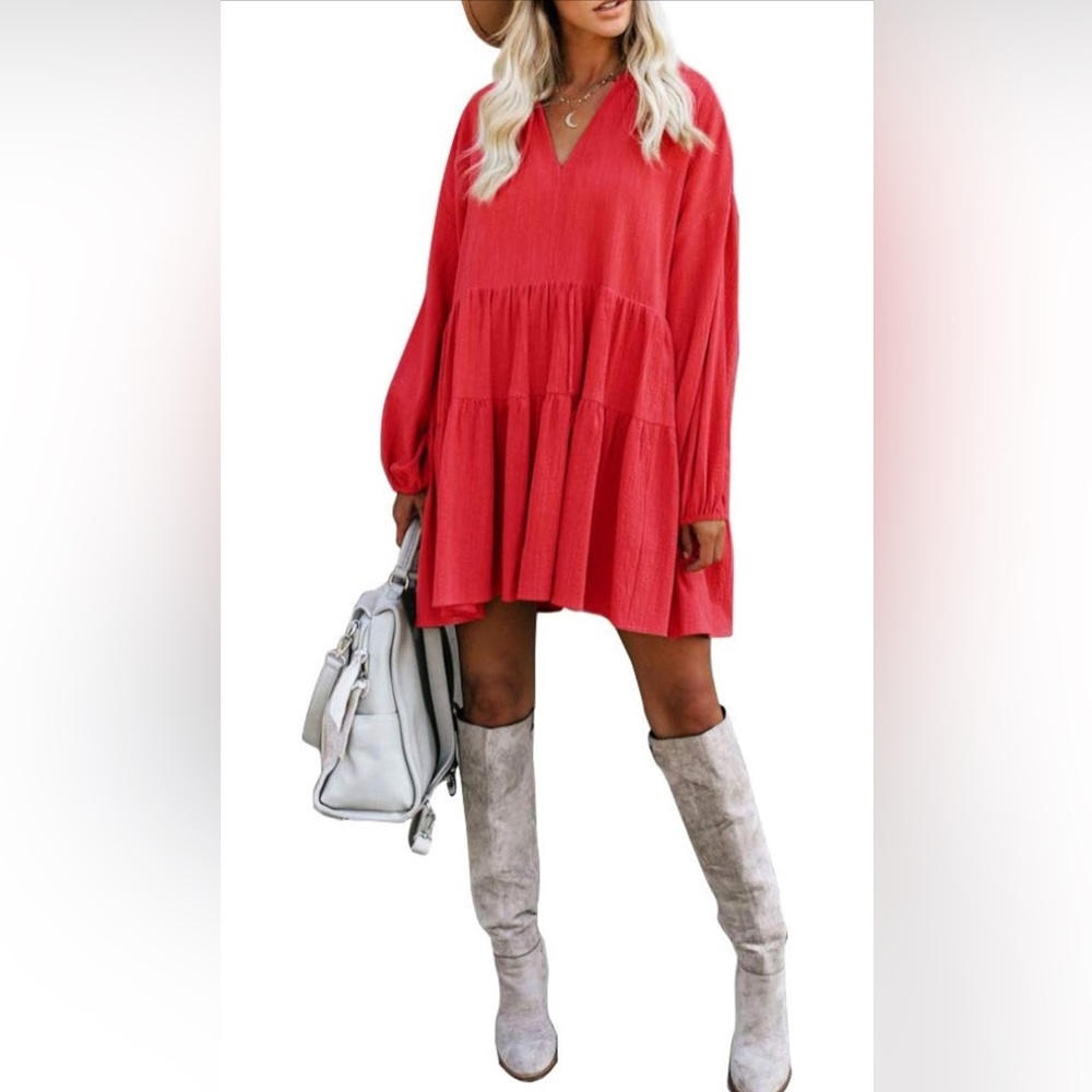 FANCYIN Shift Tunic Dress Swing Babydoll Mini Long Sleeve Dress with Pockets